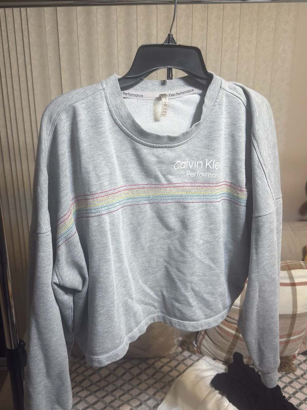 Calvin Klein Performance Sweatshirt Size XL Gray Cropped Rainbow Stitch